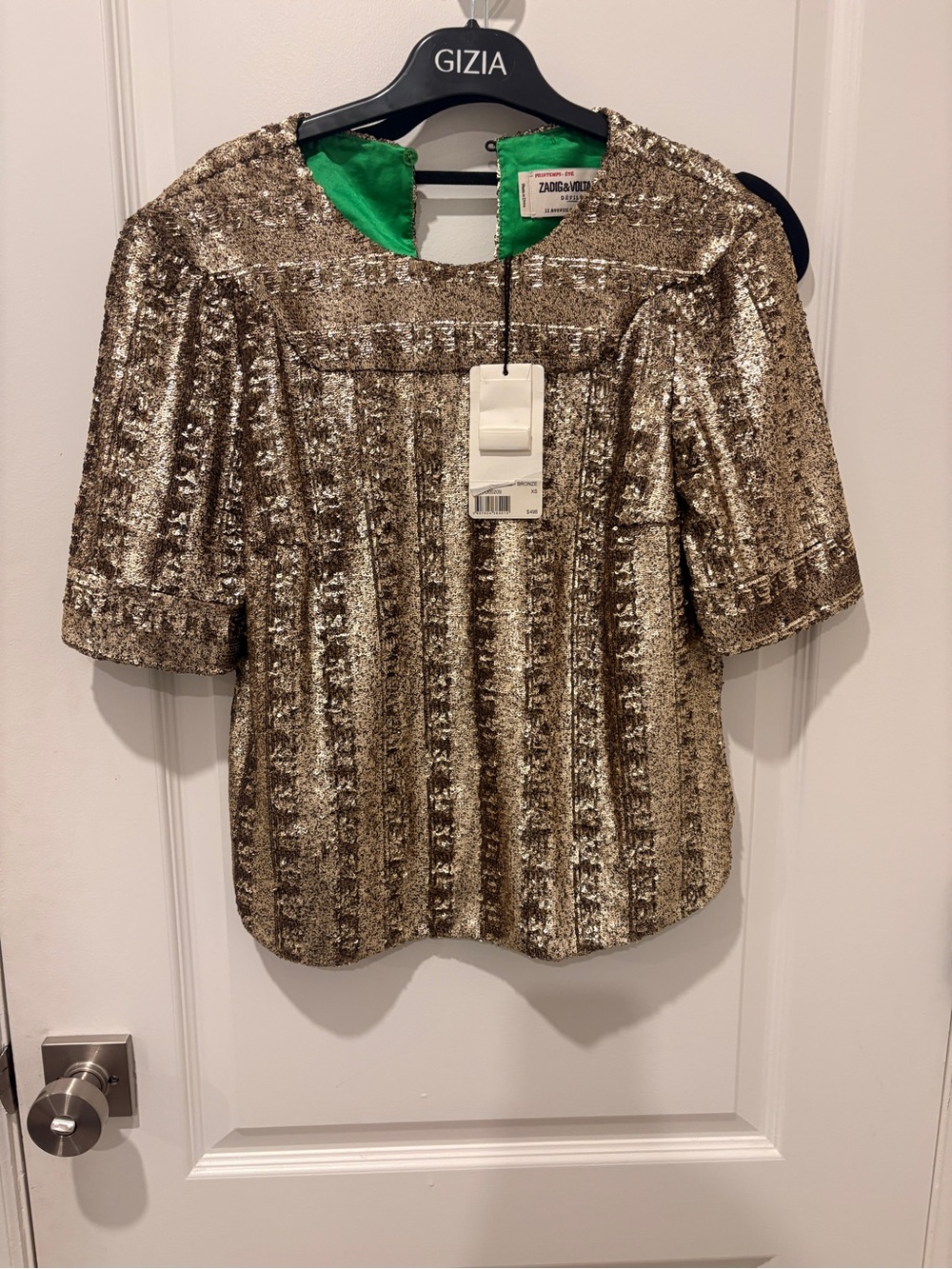 Zadig & Voltaire Metallic Gold Sequin Short-Sleeve Top